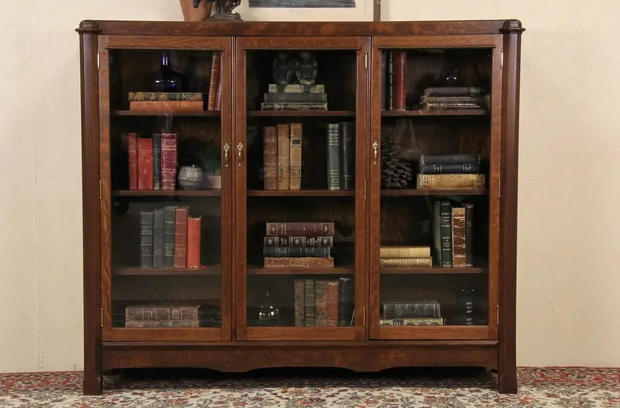 Main image of Triple 1900 Antique Oak Bookcase, Wavy Glass Doors, Adjustable Shelves