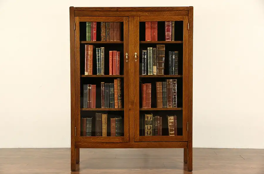 Main image of Arts & Crafts Mission Oak 1905 Antique Craftsman Bookcase, 2 Glass Doors
