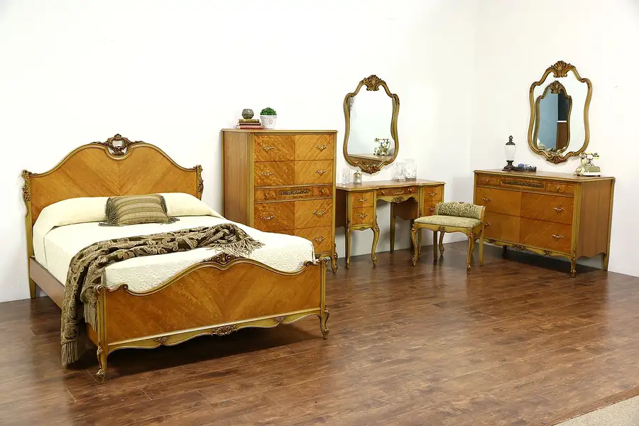 Main image of French Design 1940's Vintage Satinwood 7 Pc. Bedroom Set, Full Size Bed