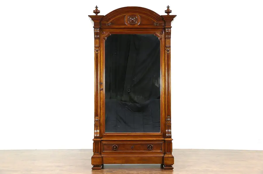 Main image of Victorian Renaissance 1875 Walnut Carved Armoire, Wardrobe or Closet, Mirror