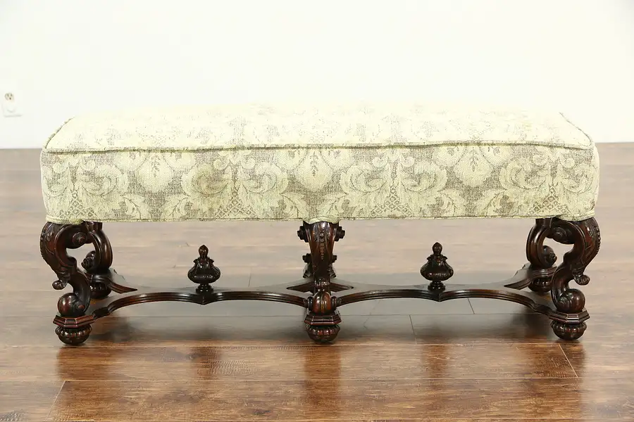Main image of Renaissance Carved Mahogany Antique 1910 Hall Bench, New Upholstery