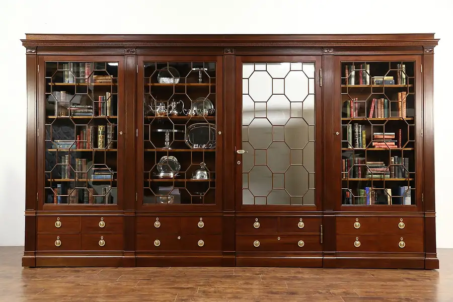 Main image of Classical Antique 1900 Mahogany China or Library Bookcase, Secret Door, 13' 10"