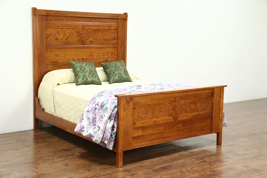 Main image of Victorian Eastlake 1885 Antique Spoon Carved Maple Queen Size Bed