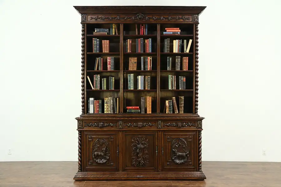 Main image of Oak Antique Library Bookcase, Carved Dogs & Lion Heads, Black Forest