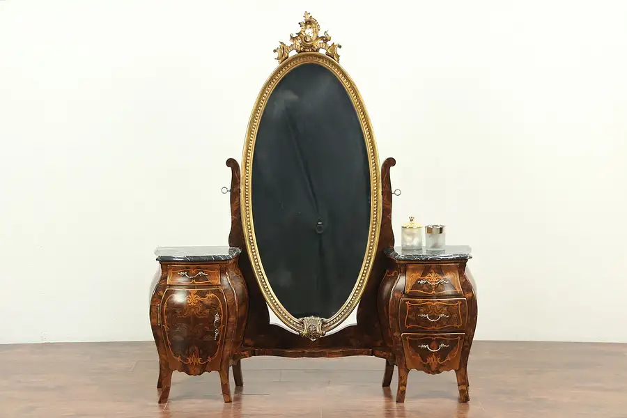 Main image of Walnut Marquetry Antique Bombe Dressing Table or Vanity, Mirror, Italy