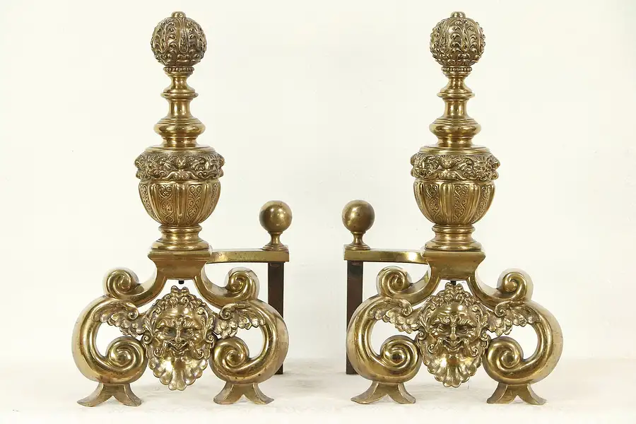 Main image of Brass Antique Fireplace Hearth Andirons, Embossed Heads