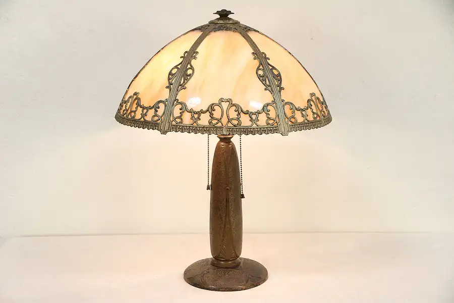 Main image of Arts & Crafts Antique Bronze Finish Table Lamp, Stained Glass Panel Shade