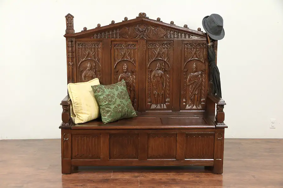 Main image of Gothic Belgian Antique Oak Hall Bench, Carved Knights & Lions