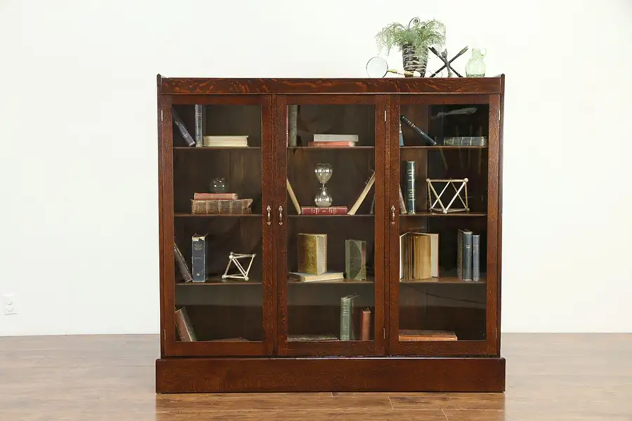Main image of Quartersawn Oak Antique Triple Library Bookcase, 3 Glass Doors