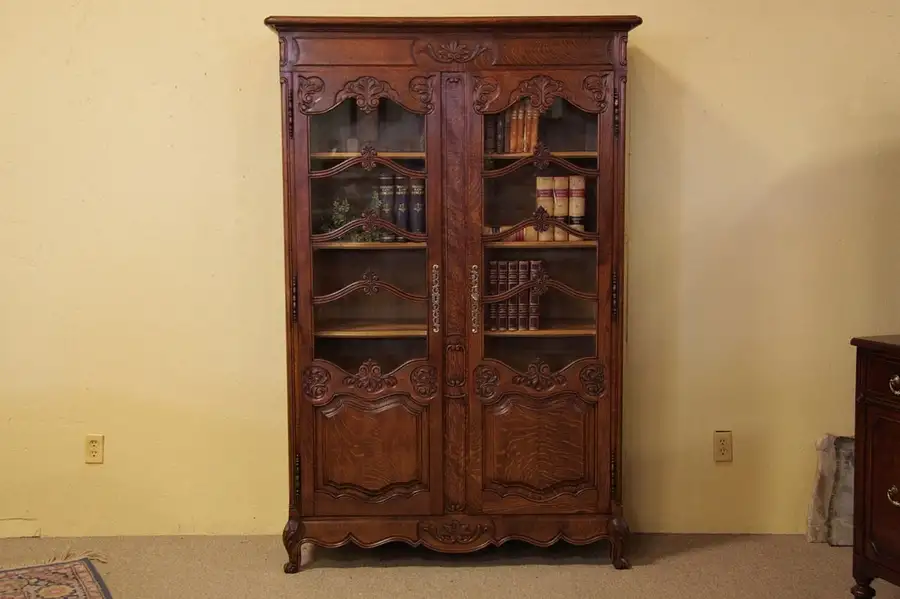 Main image of Antique Country French Carved Oak Bookcase, 1910
