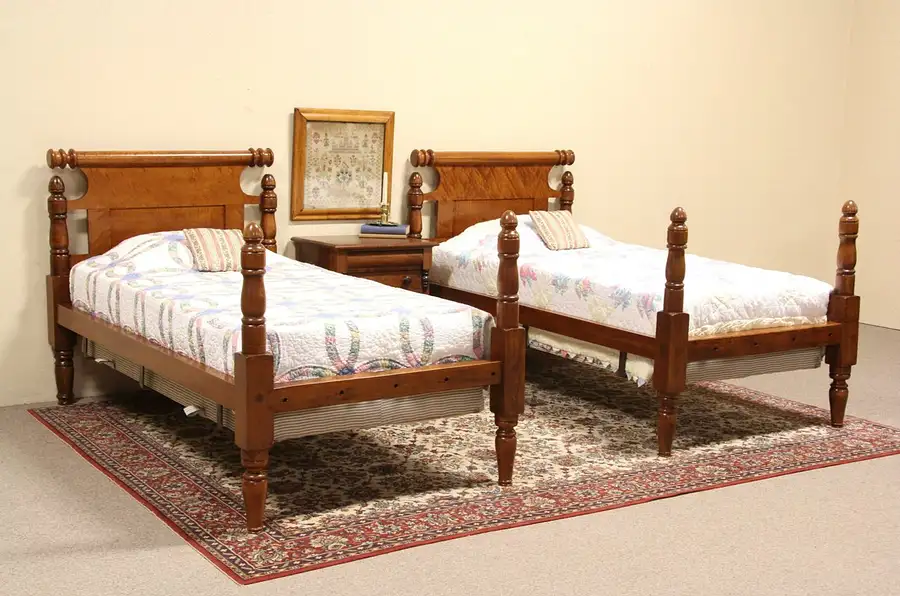 Main image of Pair Curly Tiger Maple 1830 Antique Twin Beds
