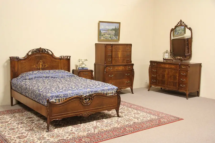 Main image of Full Size 4 Pc. Bedroom Set - Walnut Marquetry Vintage - Signed Joerns