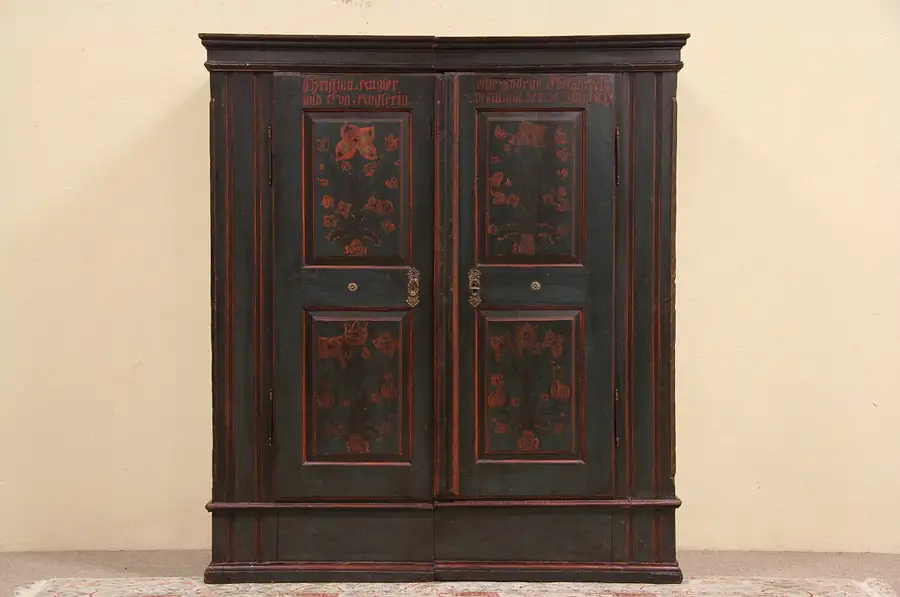 Main image of German Antique Wedding Schrank or Armoire, 1839 Folk Painting