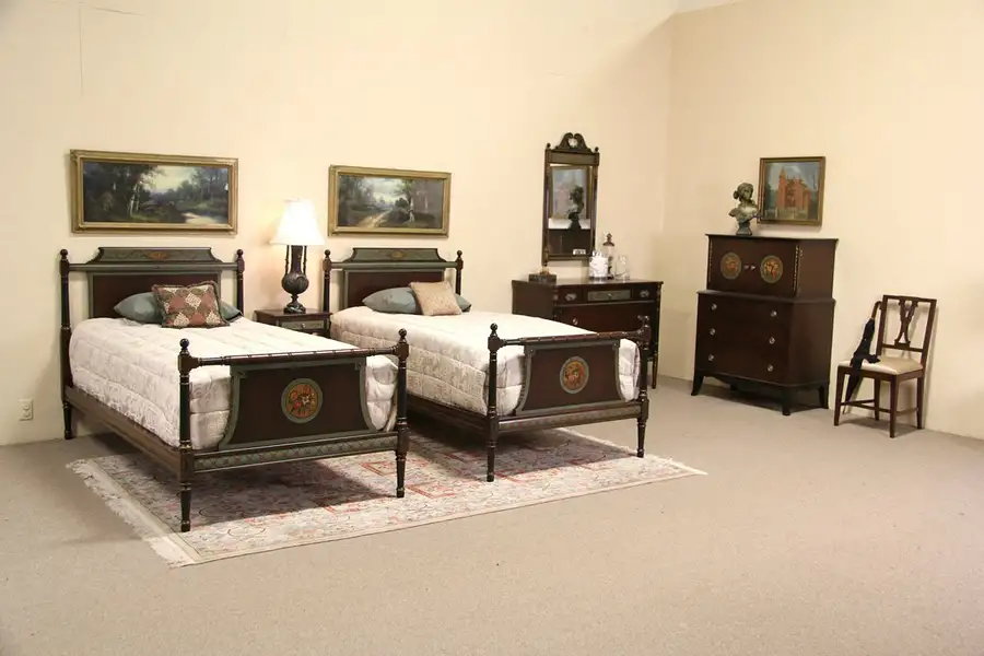 Main image of French of Minneapolis Curly Maple Hand Painted 1920's Twin Bedroom Set