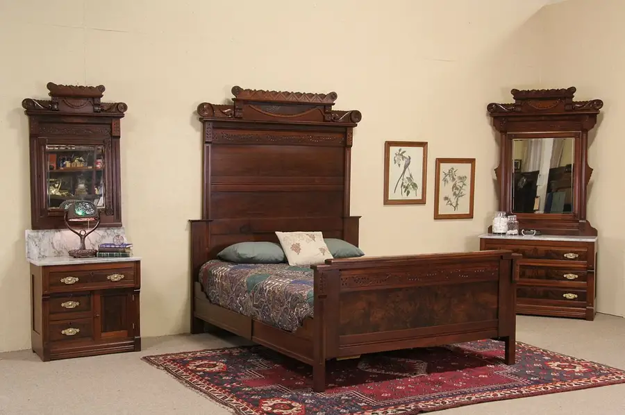 Main image of Victorian Eastlake 1885 Antique Queen Size Bedroom Set, Marble Tops, 3 Pc.