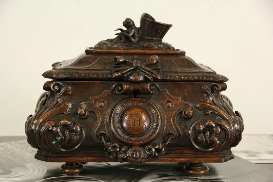 Main image of Dutch Baroque Oak 1870 Antique Tobacco Chest or Jewelry Box, Carved Monkey