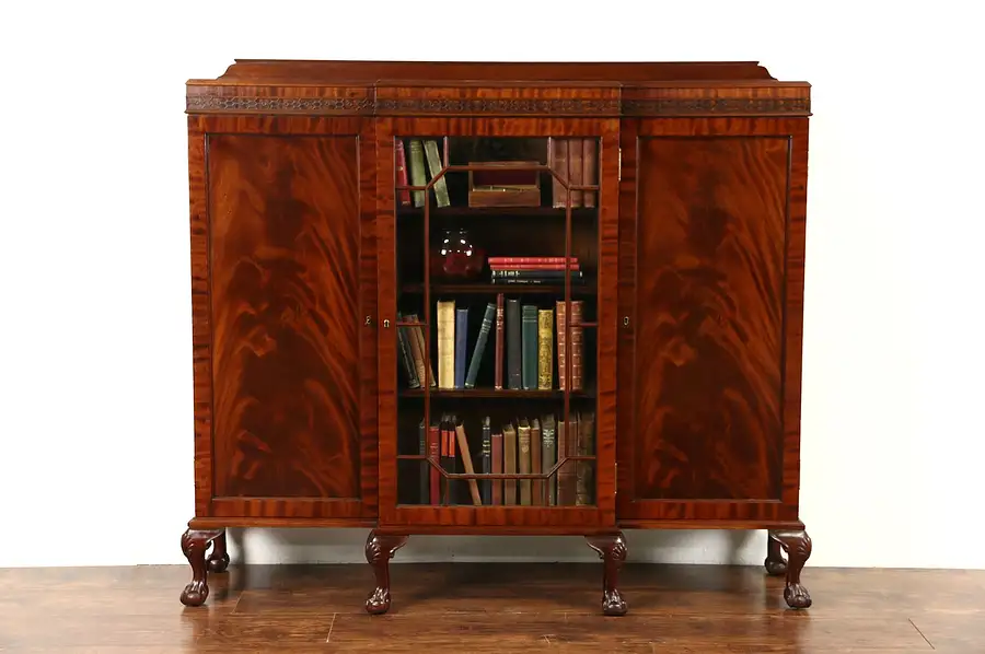 Main image of Georgian 1930's Vintage Carved Signed English Library Bookcase, Claw & Ball Feet