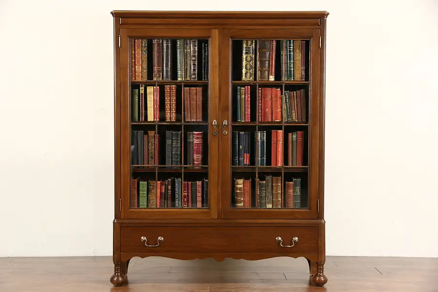 Main image of Walnut 1920 Antique Library Bookcase, Leaded Glass Doors, Signed