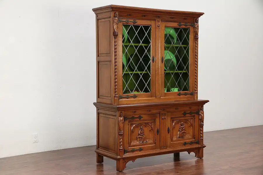 Main image of Dutch Antique Oak Bookcase or China Cabinet, Leaded Glass, Carved Figures