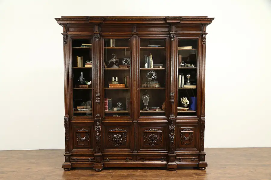 Main image of Italian Renaissance Antique Oak Monumental Bookcase, Carved Statues