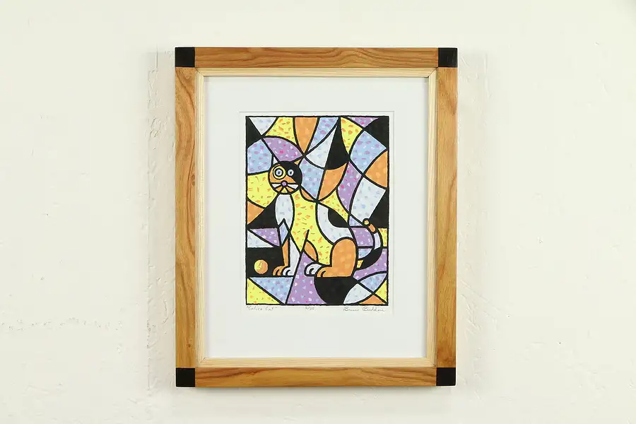 Main image of Calico Cat Original Serigraph Silk Print, Exotic Wood Frame, Bruce Bodden
