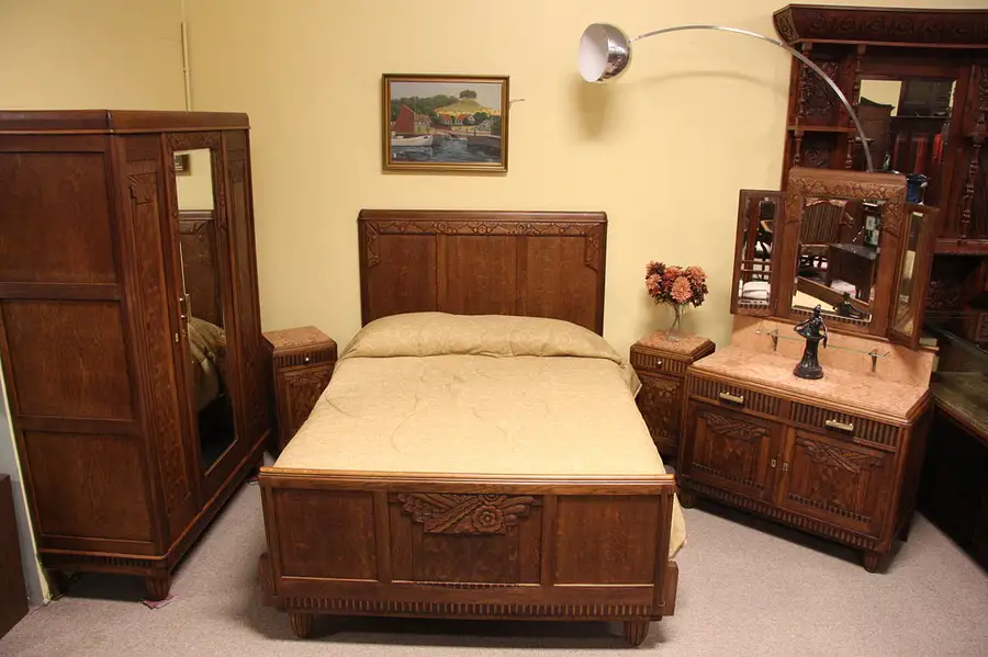 Main image of Art Deco Oak and Marble 5 Pc. Queen Bedroom Set 1925