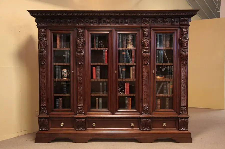 Main image of Renaissance 4 Door Bookcase Carved Figures, Lionhead