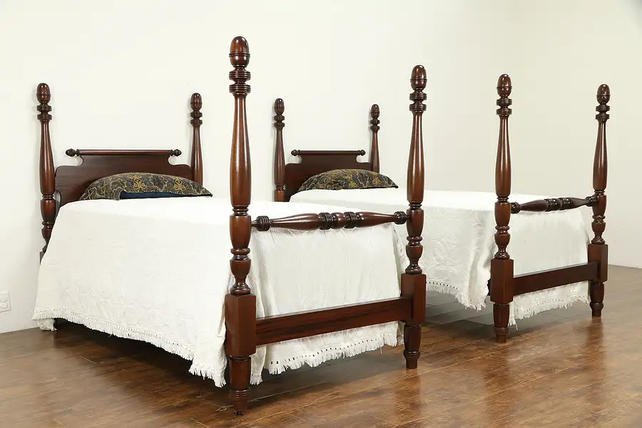 Main image of Pair of Antique 4 Poster Mahogany Single or Twin Beds, Acorn Finials