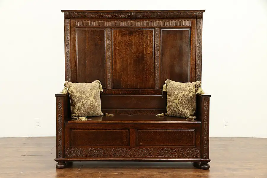 Main image of French Antique Carved Oak Hall Bench, Raised Panels, Storage Under Seat