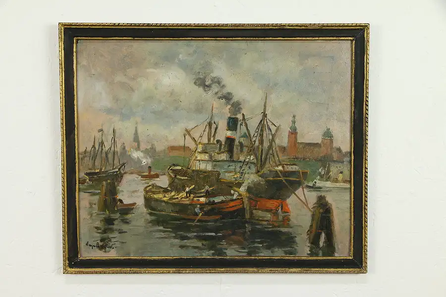 Main image of Harbor at Stettin, Now Szczecin, Poland, Antique Original Oil Painting