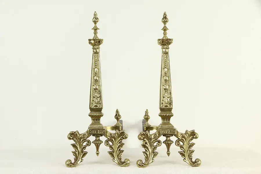 Main image of Pair of Antique Brass Fireplace Hearth Andirons