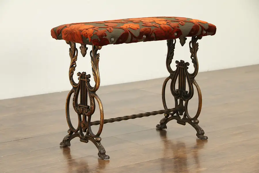 Main image of Iron Antique Bench, Lyre & Lion Motifs, New Cut Velvet