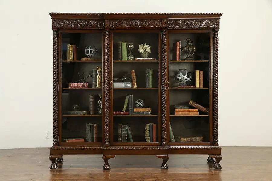 Main image of Oak Antique Triple Bookcase, Lion Heads, Claw Feet, Wavy Glass Doors