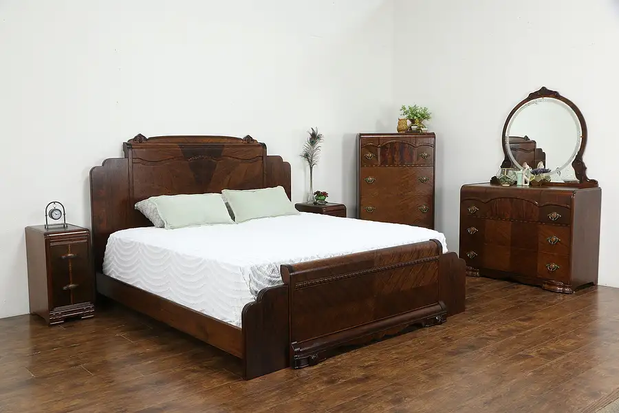 Main image of Art Deco Waterfall Design 1930's Vintage 5 Pc. Bedroom Set, King Size Bed