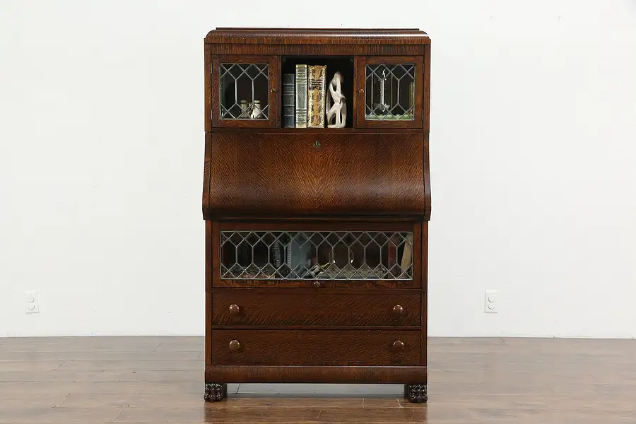 Main image of Oak Antique Stacking Bookcase & Secretary Desk, Leaded Glass, Forest City