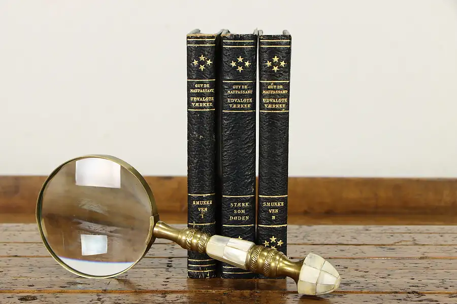 Main image of Set of 3 Gold Tooled Leather Bound Books, Maupassant Novels Danish 1944