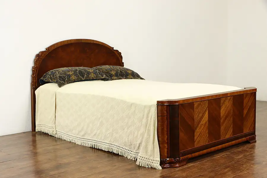 Main image of Art Deco Full or Double Size Vintage Bed, Marquetry Inlay