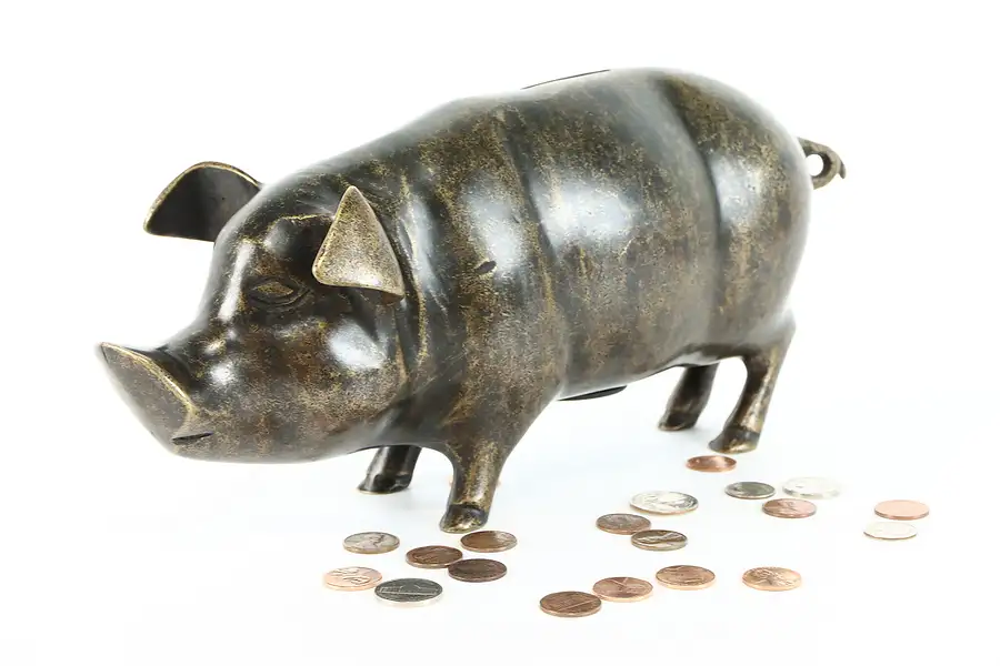 Main image of Vintage Patinated Heavy Cast Brass Piggy Bank Sculpture
