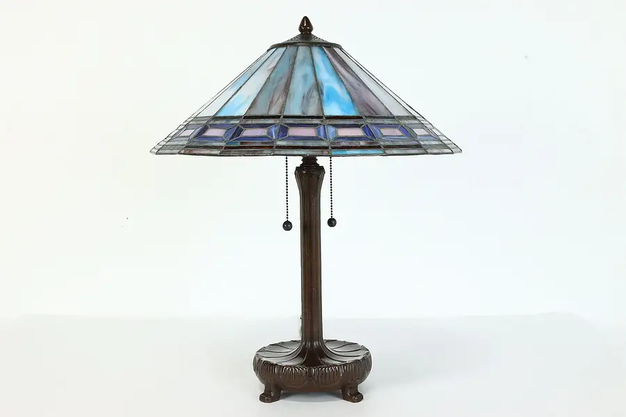 Main image of Arts & Crafts Vintage Leaded Stained Glass Shade Office or Library Lamp