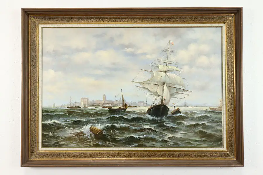 Main image of Sailing Ships & Harbor Scene Vintage Original Oil Painting, Mark D 43"