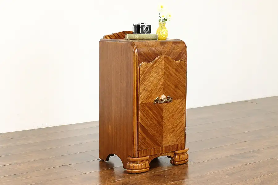 Main image of Art Deco Vintage Waterfall Design Nightstand or End Table, Bakelite Pull