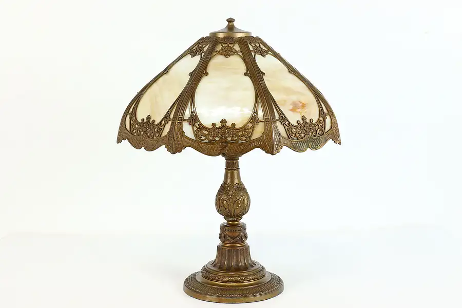 Main image of Neoclassical 8 Panel Stained Glass Shade Antique Office or Library Lamp
