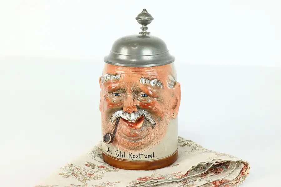 Main image of German Folk Art Antique Beer Stein or Mug with Face, Pewter Lid