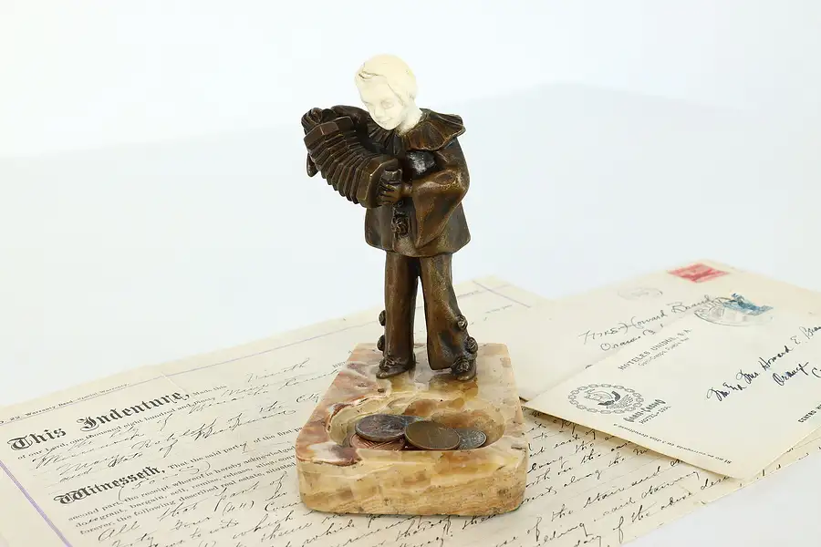 Main image of Art Deco Antique Bronze & Marble Ring Tray Harlequin Playing Accordion
