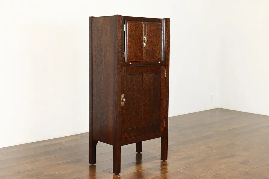 Main image of Arts & Crafts Mission Oak Antique Craftsman Bar Cabinet, Copper Shelf