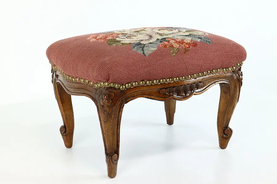 Main image of Country French Carved Antique Footstool, Needlepoint Upholstery