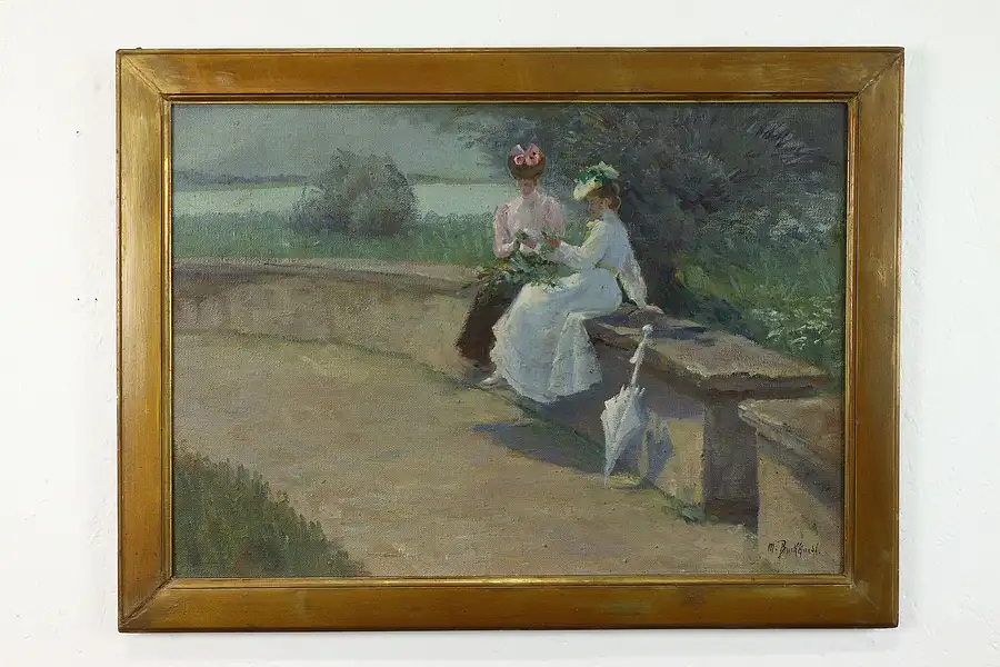 Main image of Victorian Ladies Garden Antique Original Oil Painting, M. Burkhardt 31.5"