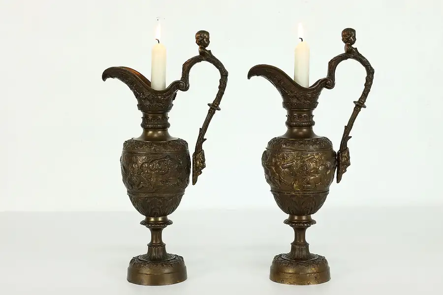 Main image of Pair of Renaissance Antique Pitchers or Ewers with Cherubs, Candle Holders