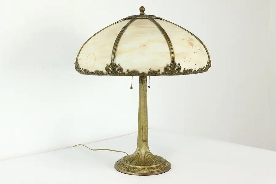 Main image of Neoclassical 8 Panel Stained Glass Shade Antique Office or Library Lamp