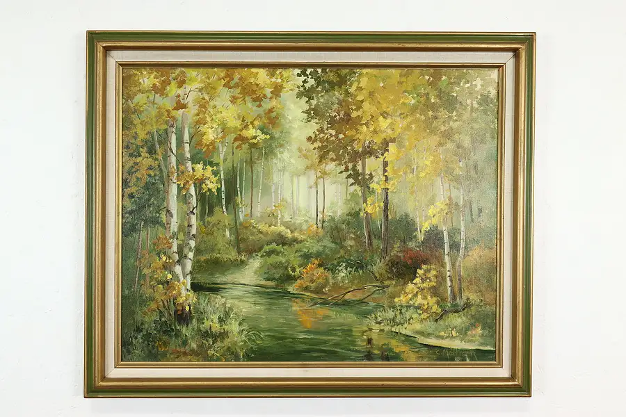Main image of Autumn Birch Forest Scene Vintage Original Oil Painting, Mattson 33"